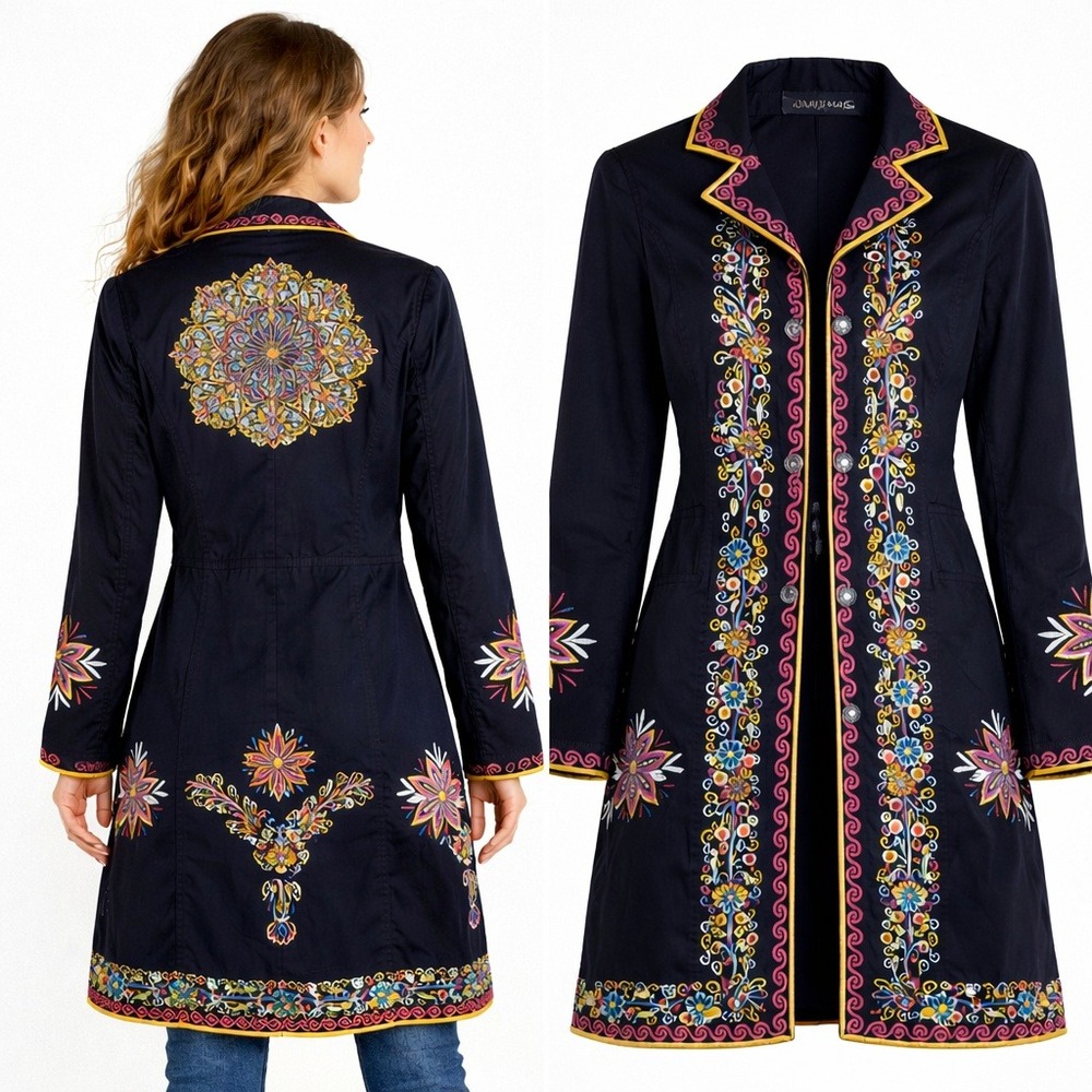 Johnny Was Womens‎ Black Embroidered Floral Cotton Longline Jacket Blazer Small